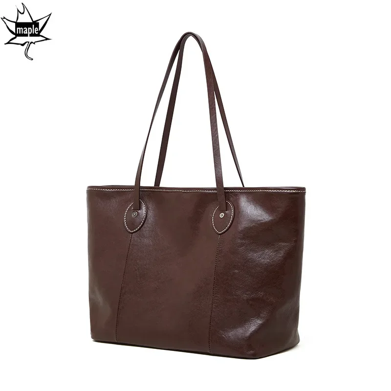 Retro GM Size Full Grain Cow Leather Women Handbag 45cm Pearl Grain Vegetable Tanned Cowhide Leather Female Tote Travel