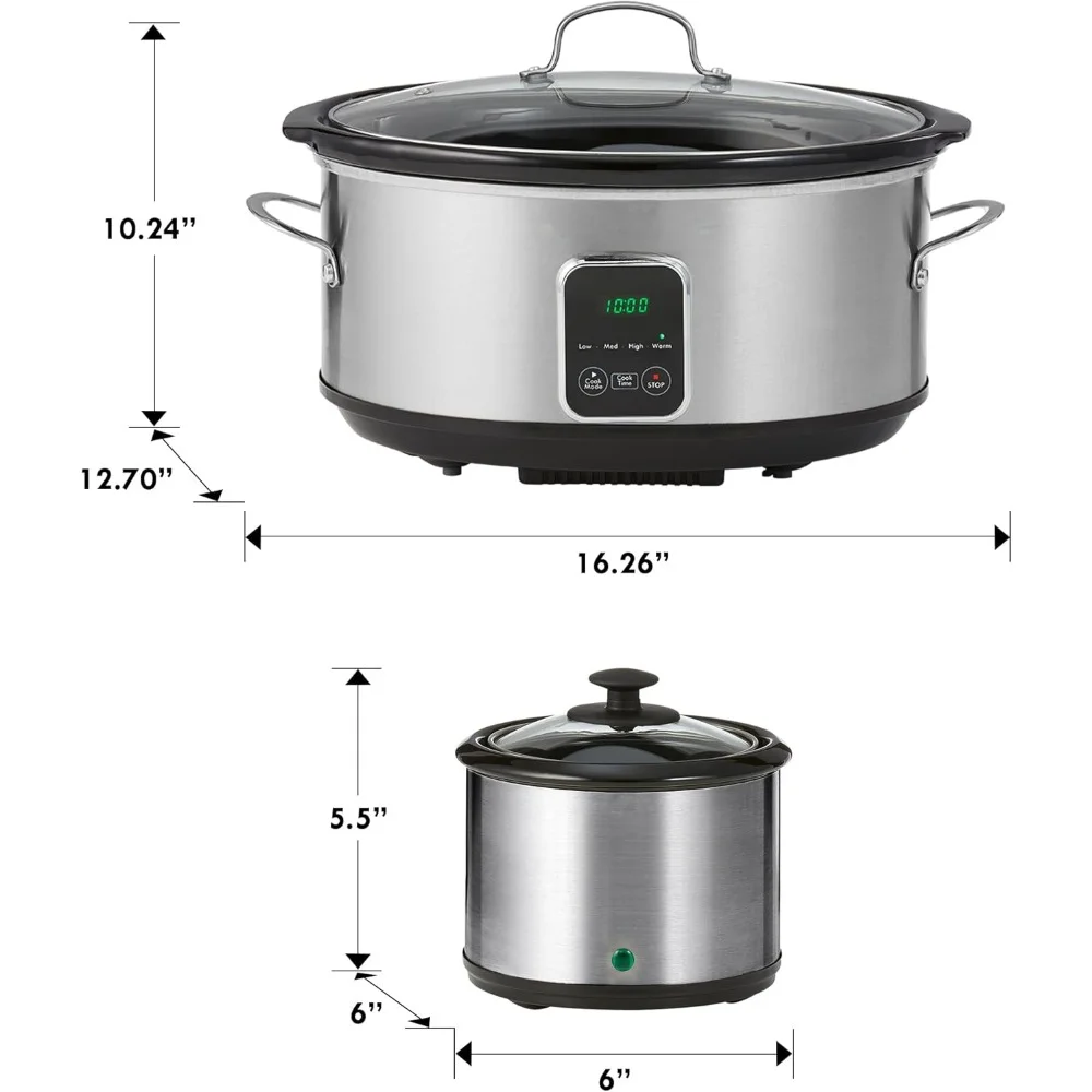 7 Qt (6.6L) Slow Cooker with Dipper Sauce-Warmer, Black and Silver, Stainless Steel, Digital Display, Slow Cooker