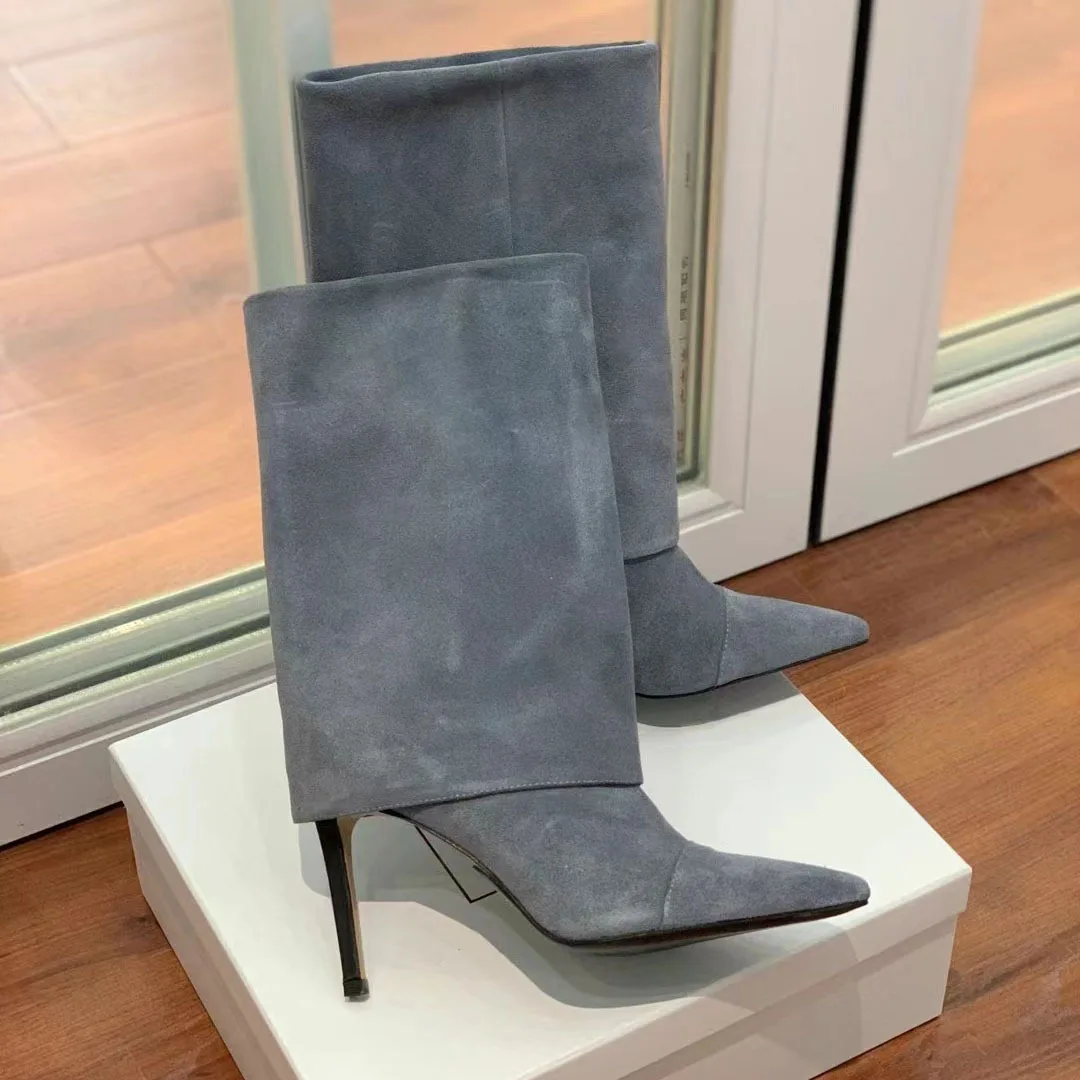 

Элегантные женские светло-серые сапоги выше колена с острым носком, тонкий высокий каблук, высокие плиссированные сапоги с металлическим каблуком