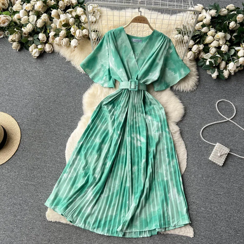 Pink Elegant Solid V-neck Short Sleeve Folds Vestido Women Casual Lace-up Pleated Dress 2024 New Tide Summer