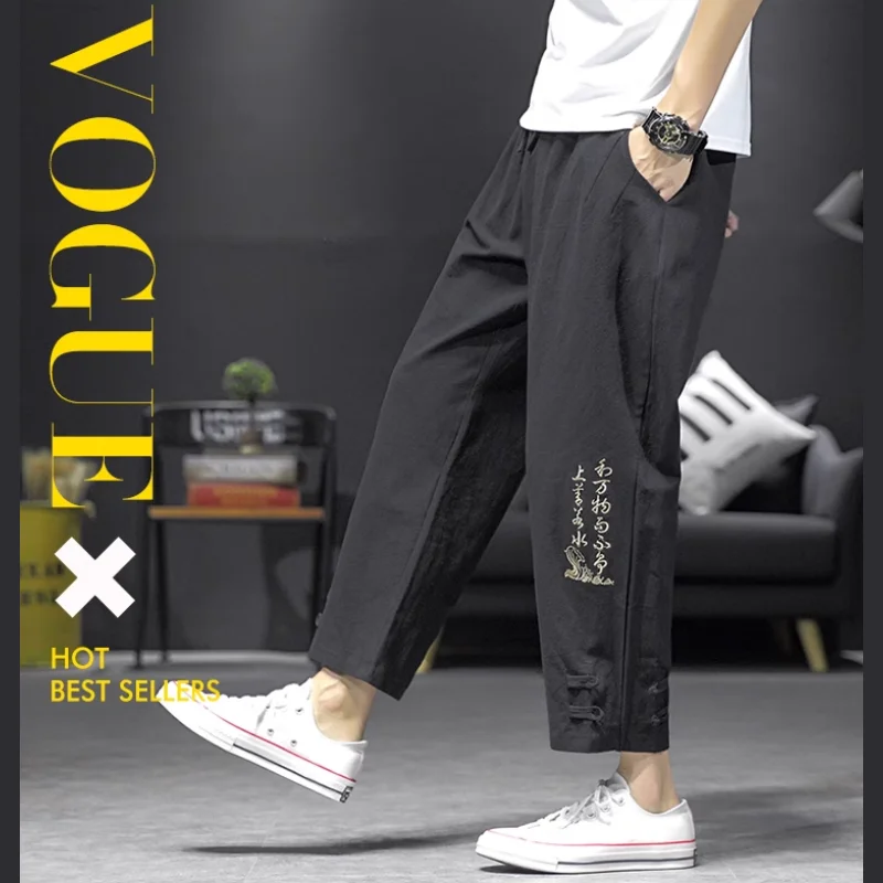 

Cotton Linen Summer Casual Pants Man Trendy Chinese Character Embroidered Cropped Pants Disc Buckle Baggy Pants Men