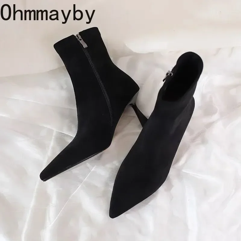 Pointed Toe Fleeces Women Sock Boots Fashion Side Zippers Shoes Autumn Winter High Heel Women\'s Morder Short Booties