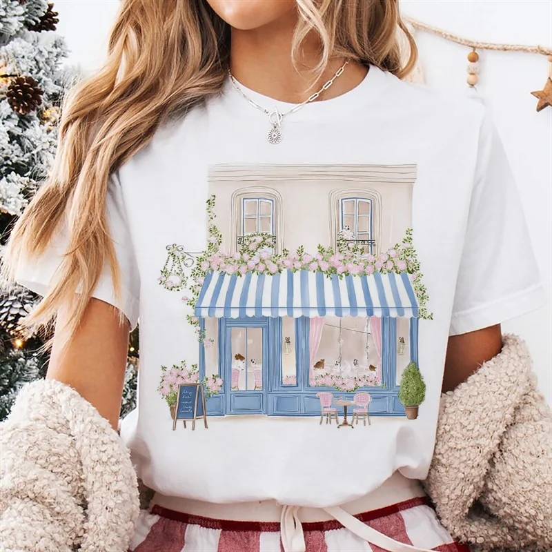 

Street Coffee Shop Style Printed Cartoon Women's Pattern Top T-Shirt Short Sleeved Cute Clothes Casual Women's O-Neck T-Shirt