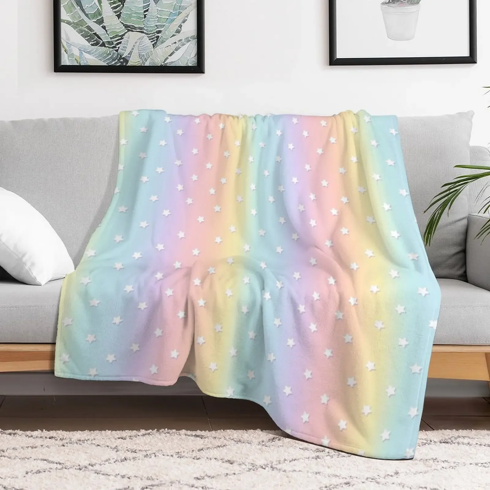 Stars Pastel Rainbow Aesthetic Kawaii Cute Pattern Throw Blanket Multi Use Warm Blanket for Living Room Bedroom