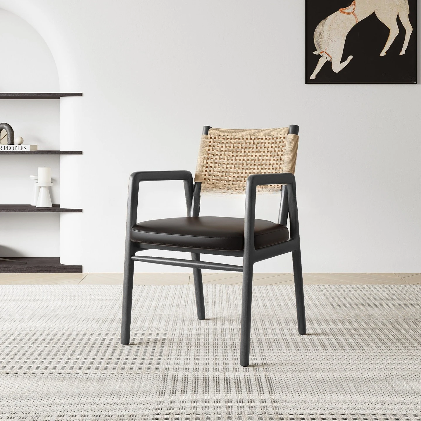 Mid-Century Ash Wood Dining Chair, Woven Backrest Seat with Leather Upholstery for Home Restaurant