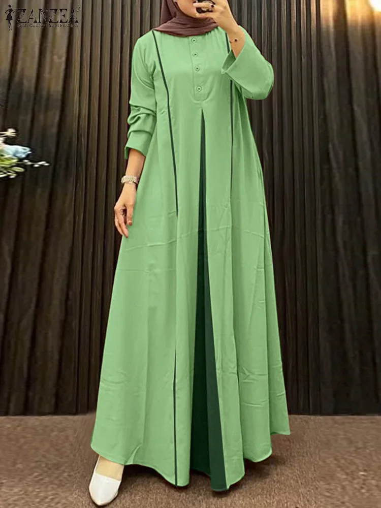 

ZANZEA Islamic Inverted Pleat Eid Dress Casual Loose O-Neck Muslim Long Sleeve Long Robes Women Contrast-Color Abaya Dresses