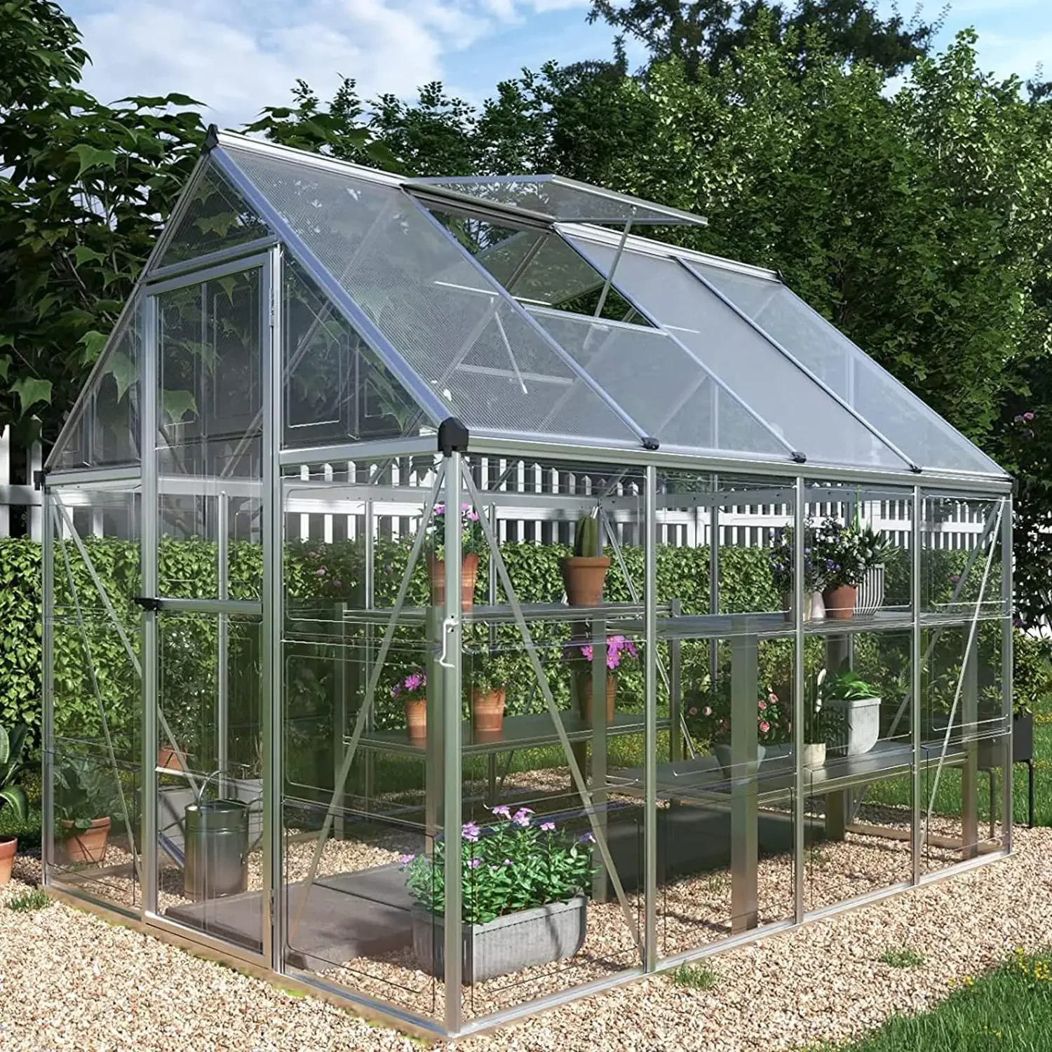 Hybrid Polycarbonate Greenhouse with Lockable Hinged Door Vent Window Walk-in Hobby Greenhouse Aluminum Hot House