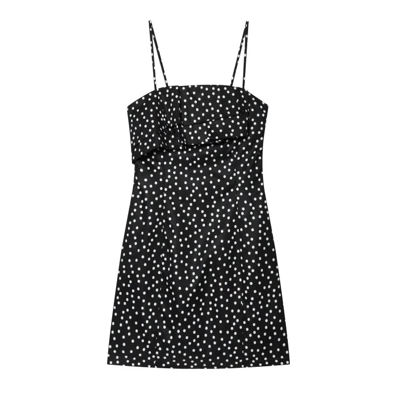 Elegant Black Polka Dot Printed Short Mini Dress For Women Summer Spaghetti Strap Square Neck Front Folded Layered Detail Casual