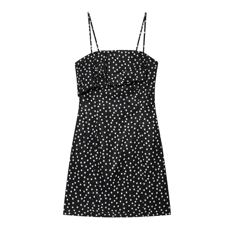  Elegant Black Polka Dot Printed Short Mini Dress For Women Summer Spaghetti Strap Square Neck Front Folded Layered Detail Casual 