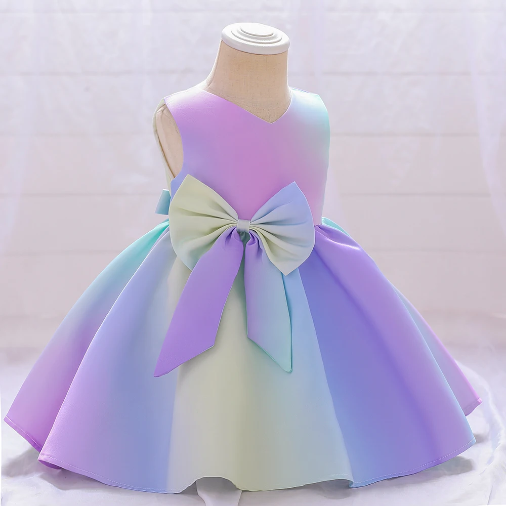 Elegant Gradient Bow Baby Girls Dress Summer 1st Birthday Party Prom Princess Kids Dresses for Girl Bridemaids Baptism Costumes