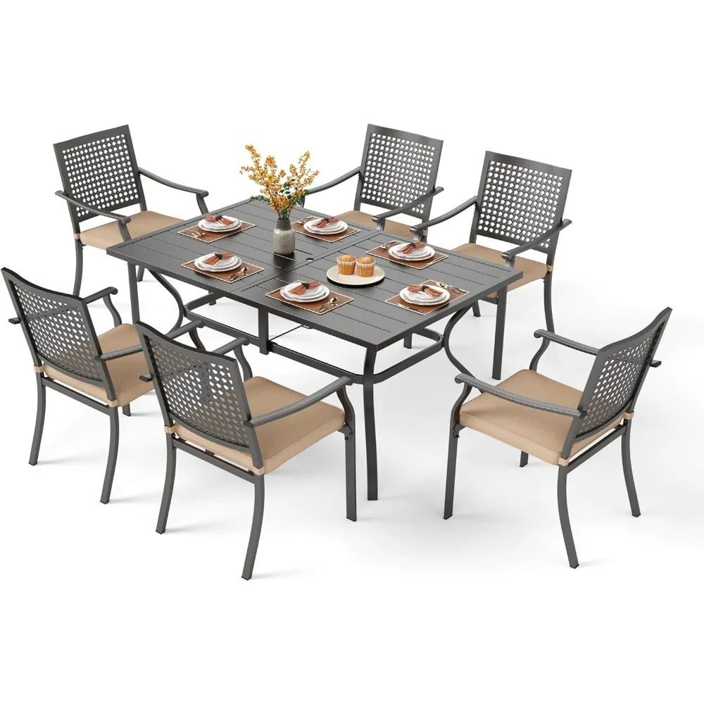 

7 Pieces Outdoor Dining Set for 6, 60 Long Rectangular Iron Table & Stackable Metal Chairs with Cushions, Large Furnit