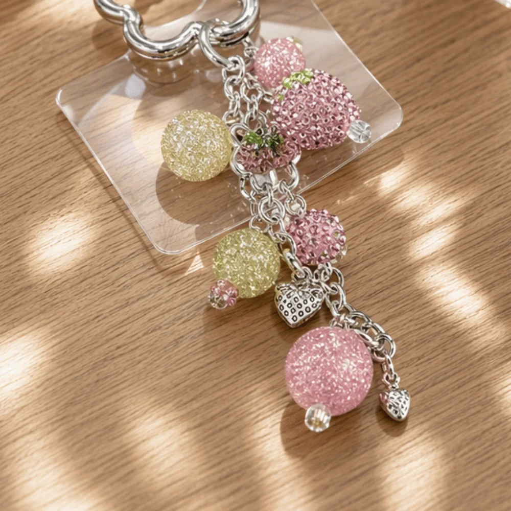 Lovely Alloy Strawberry Keychain Sparkling Pink Phone Charm Bead Flower Hardware Bag Charm Women