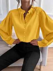 Women Button Blouses Stand Collar Shirts Office Lady Long Sleeve Casual Blouse Loose OL Shirt Baggy Tops Red/Wine Red /Black