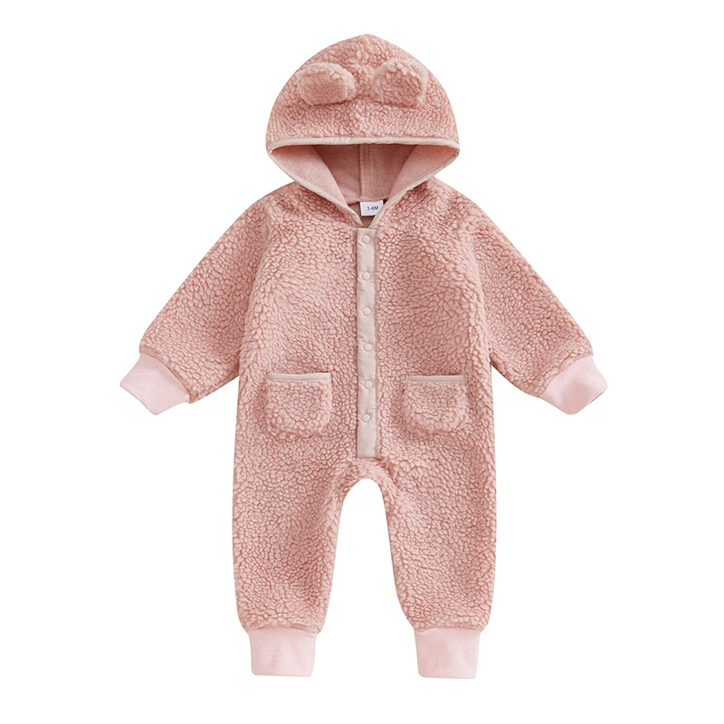 Baby Boy Girl Fleece Romper Hooded Long Sleeve Full Length Sweatshirt Jumpsuit Warm Outerwear