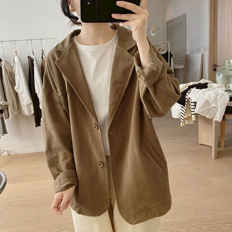 Cotton Blazers for Women Long Sleeve Casual Jackets Korean Style Outerwears Vintage Oversized Solid Workwear Coats Women Tops