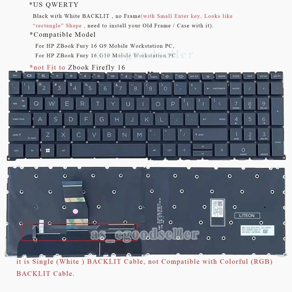 New US QWERTY Keyboard for HP ZBook Fury 16 G9, 16 G10 N19205-N192 Laptop Black Without Frame, White BACKLIT