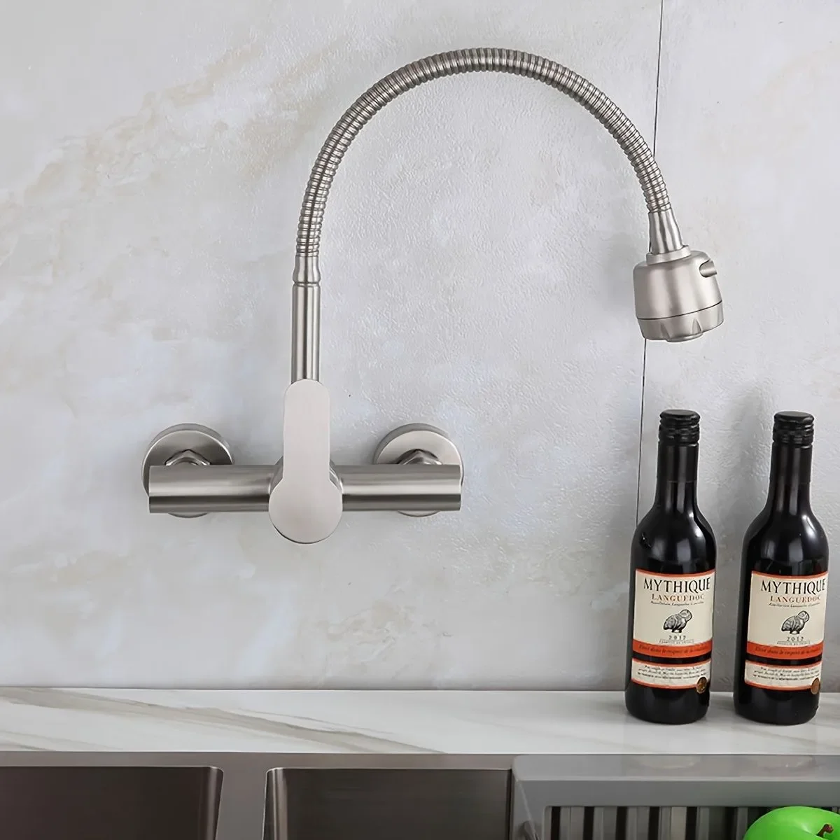 Wall-Mounted Kitchen Faucet, Single Handle, Commercial Sink Faucet, Stainless Steel Construction, Brushed Nickel Finish