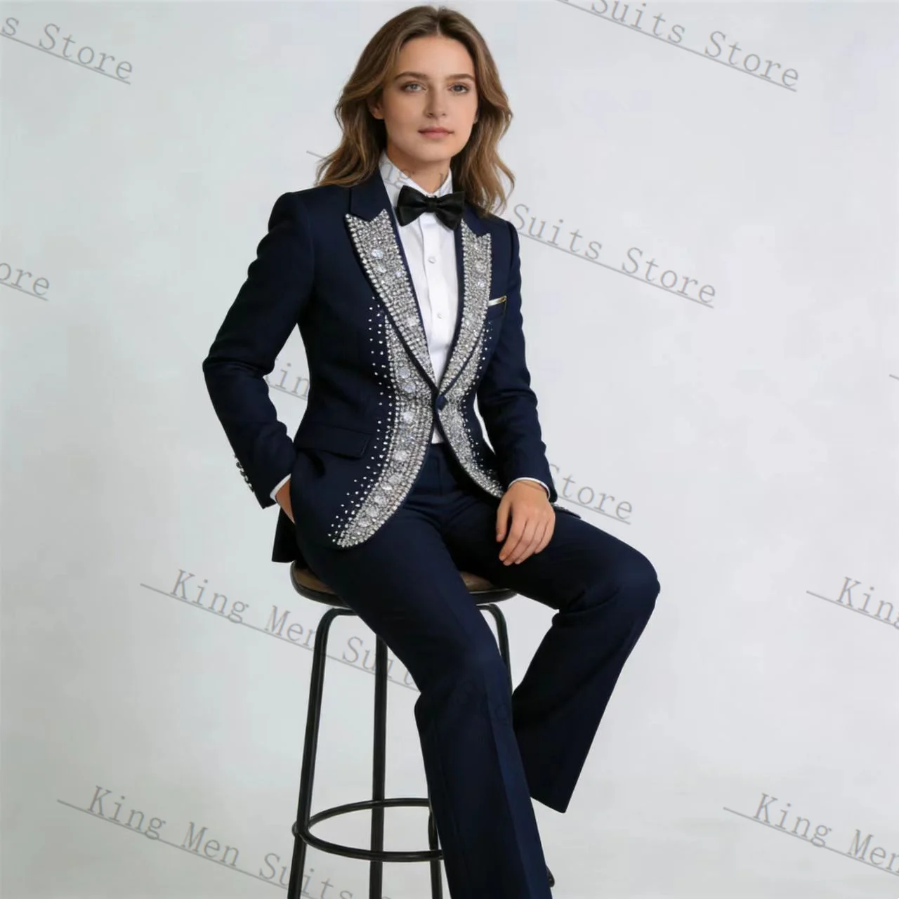 

Navy Blue Women Suit Set 2 Pcs Blazer+Pants Trousers Crystals Spring Customized Formal Office Wedding Tuxedos Coat Prom Jacket