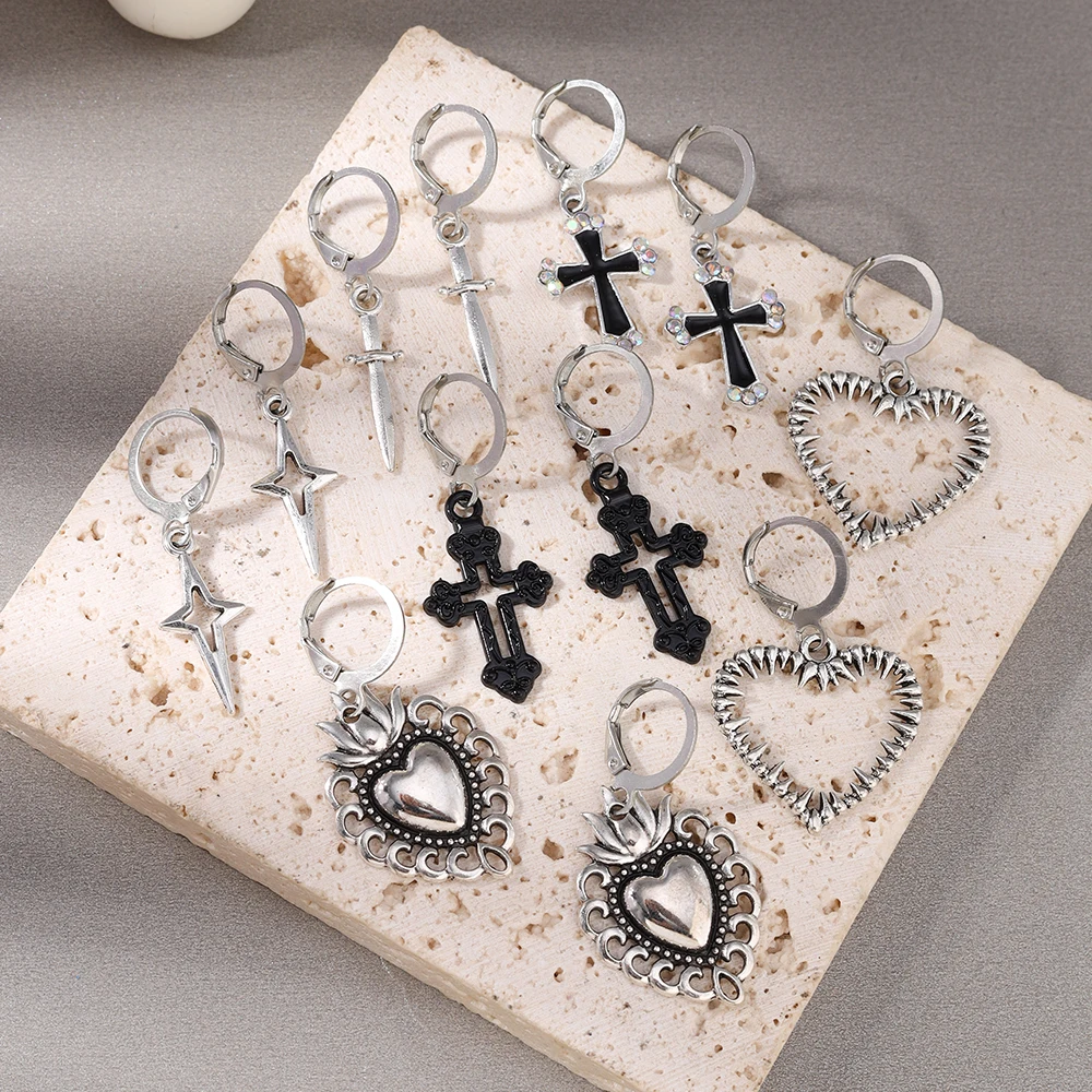Aihua 12 stücke Mode Silber Farbe Herz Tropfen Ohrringe Set für Frauen Teenager Einfache Kreuz Anhänger Baumeln Ohrring Y2K Party schmuck – Detail 1