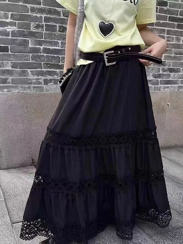 Spódnica damska z koronkowym wykończeniem, o kroju litery A, z wysokim stanem, w stylu słodkiego ciastka.