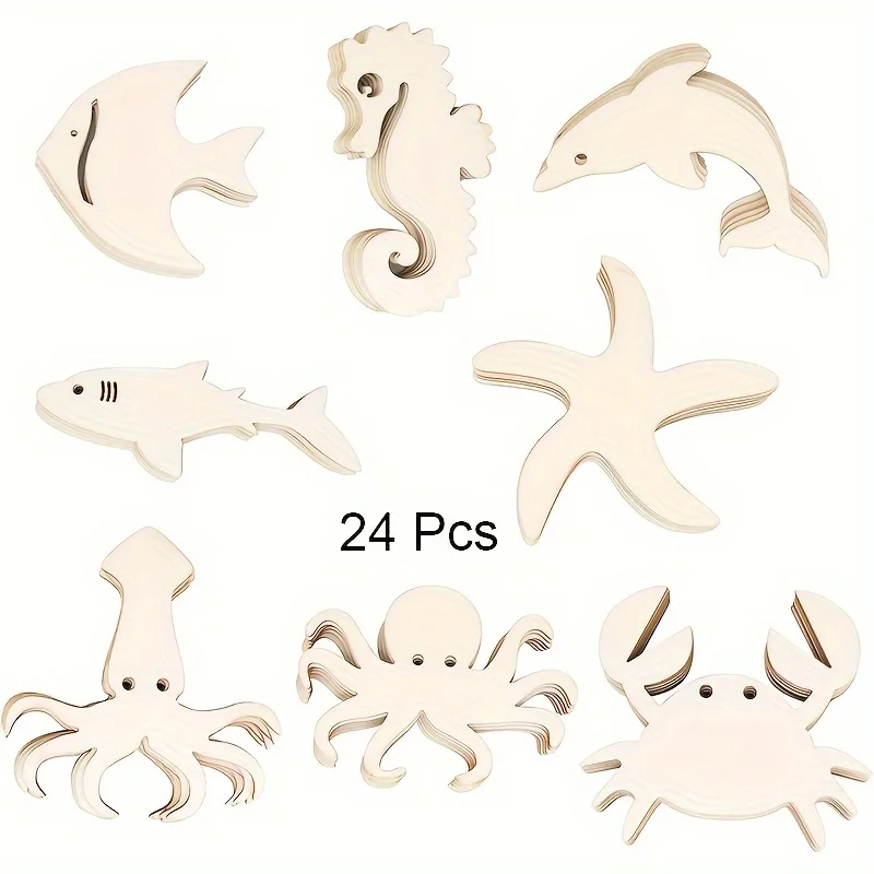 24-pak drewnianych wycinanek oceanicznych zwierząt morskich DIY Sea Animal Craft Gift Tags Wiszące ozdoby do dekoracji domu na imprezę Restauracja