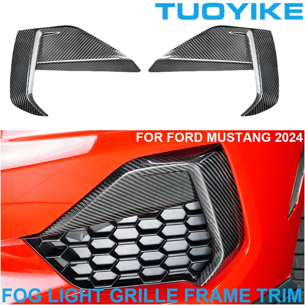 Car Genuine Real Dry Carbon Fiber Front Fog Light Lamp Grille  Air Vent Fender Frame Trim Cover Decoration For Ford Mustang 2024