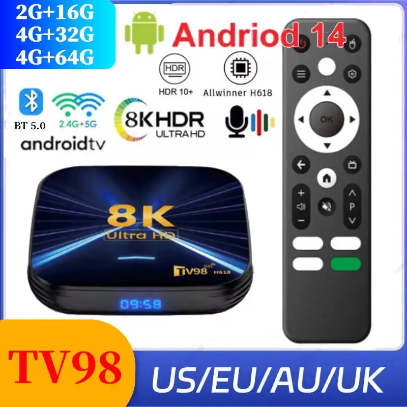 Smart TV Box TV98 H618 Ultra HD 8K Android 14 Allwinner H313 2GB16GB 4GB 32GB/64GB BT5.0 2,4G y 5G Wifi reproductor multimedia decodificador