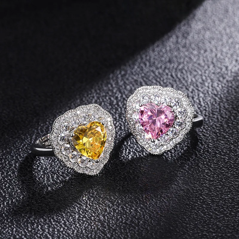 

New European and American popular anti-fade yellow gemstone heart-shaped inlaid ring for women, main stone 10*10