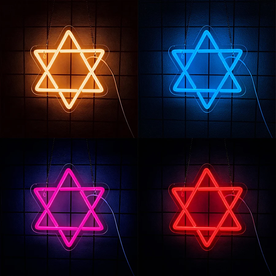 Hanukkah Decorations Star of David Blue Neon Window Lights, LED Neon Sign Lights with Timer for Jews Judaism Synagogue
