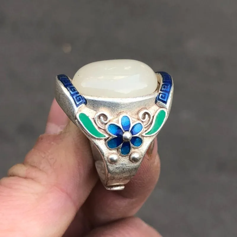 Vintage Cloisonne Ring, Antique Style Qianlong Marked Retro Collectible Finger Jewelry