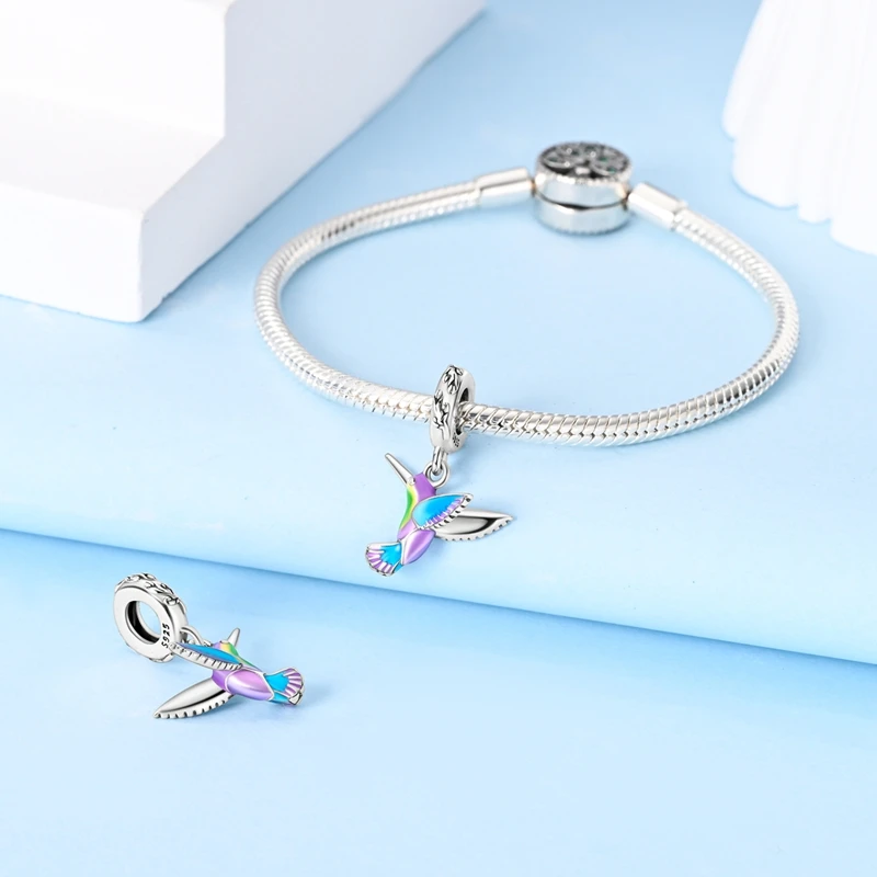 Trendy 925 Sterling Silver Rainbow Hummingbird Charms Pendant Fit Original Bracelet DIY Women Party Jewelry Gift