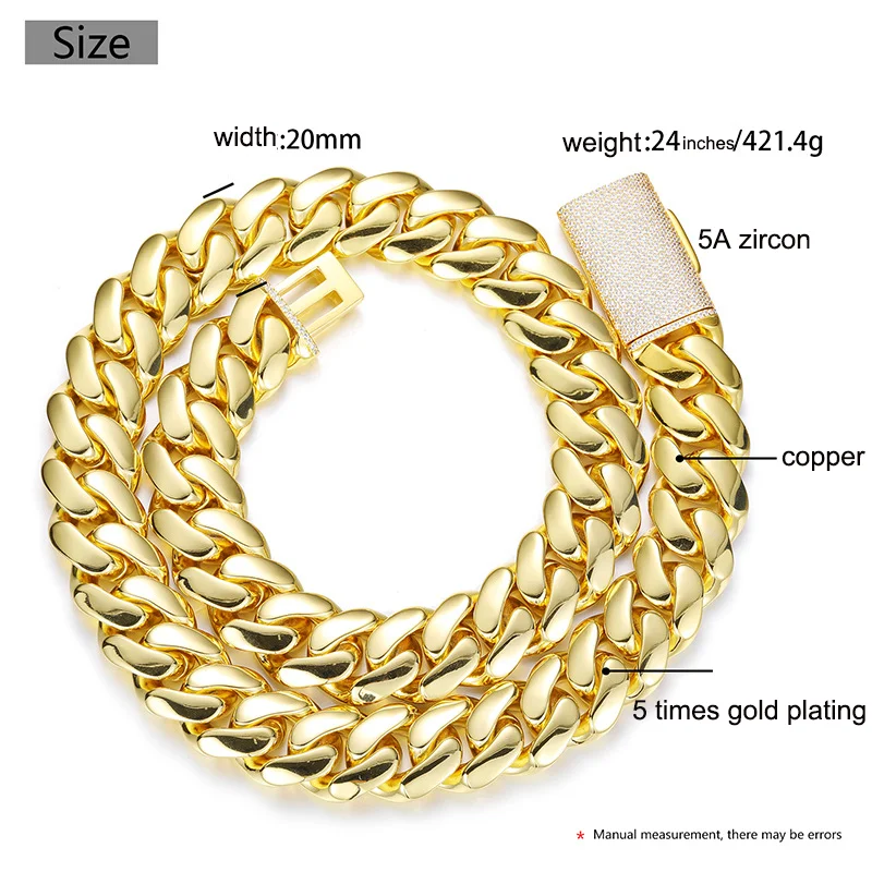 Hip Hop Jewelry Cuban Link Chain 12mm 14mm 16mm 18mm 20mm Real Gold Plating Custom Gold Cuban Link Chain Necklaces for Men