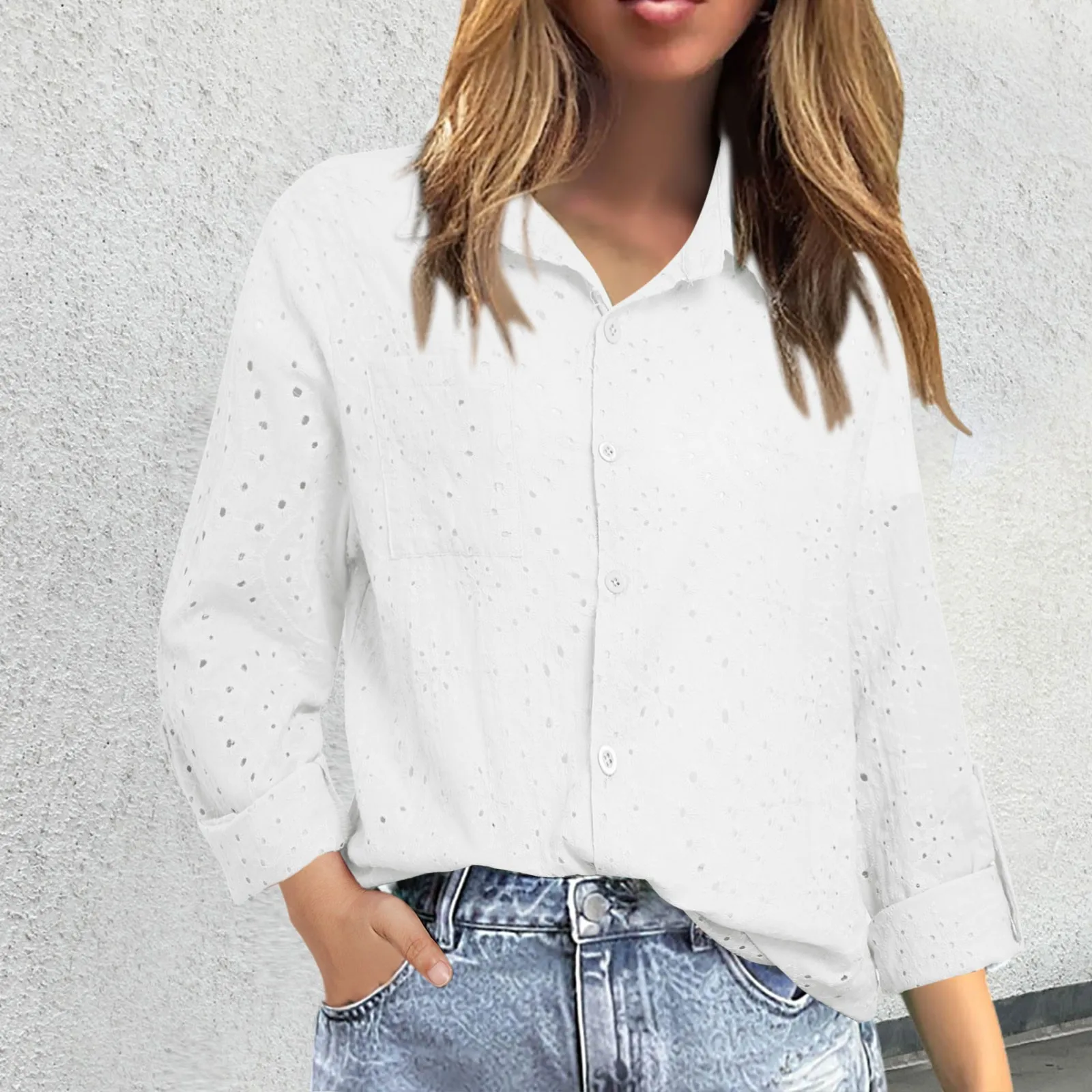 

Fashion Simple Hollow Out Splicing Button Down Blouse Women Clthing Elegant T Shirt For Female Casual Autumn Long Sleeve Blouse