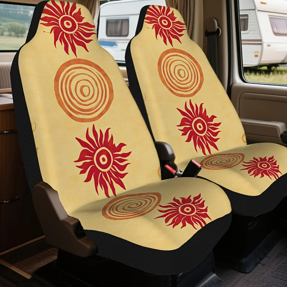 Set Of 2 Universal Car Seat Covers Featuring A Rustic Sun Spiral Design. These Elegant Covers Are Suitable For City Transport, W