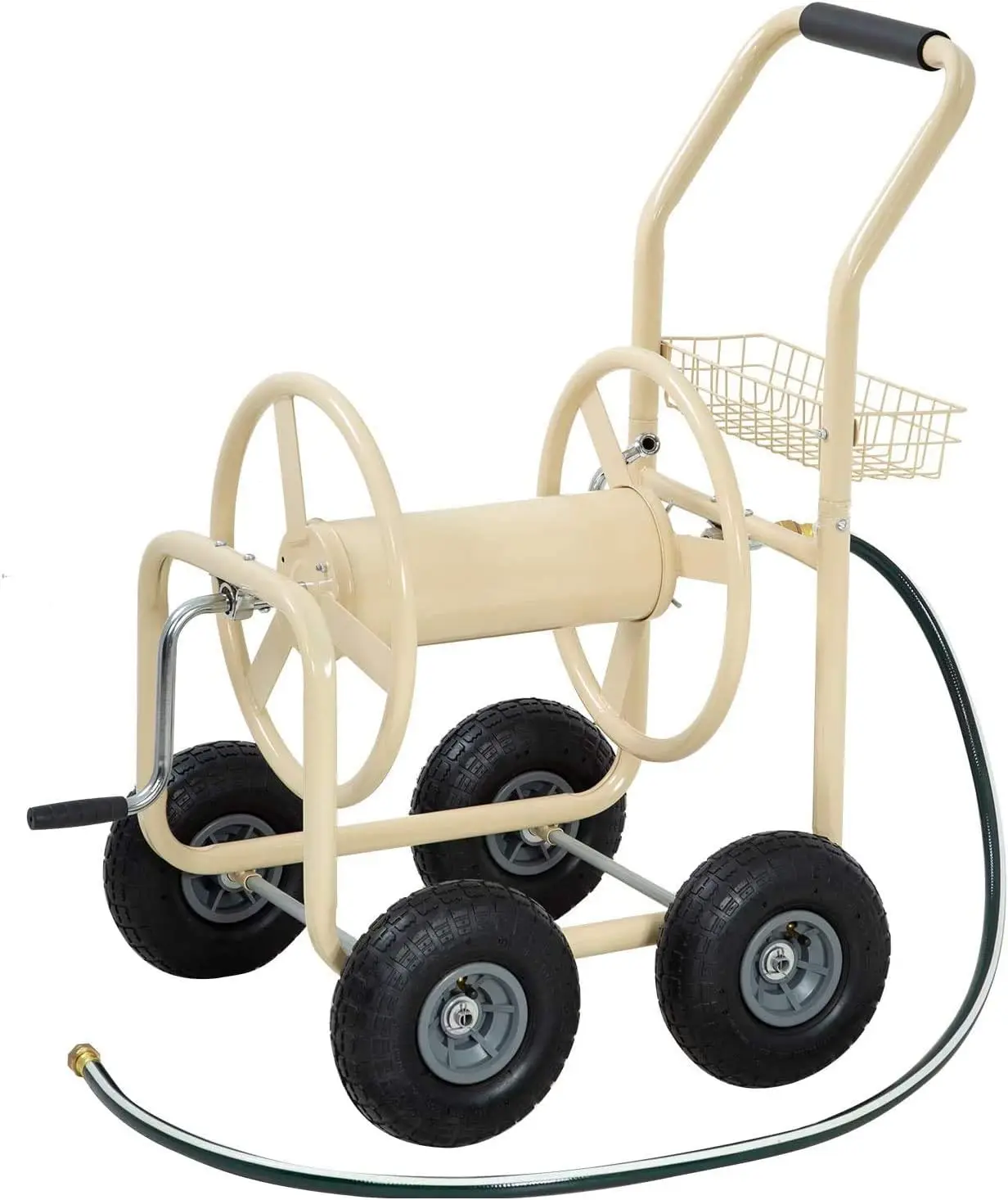 Heavy Duty Garden Hose Reel Cart Outdoor Lawn Planting 300-Ft 5/8-Inch Hose w/Wheels & Storage Basket, Tan