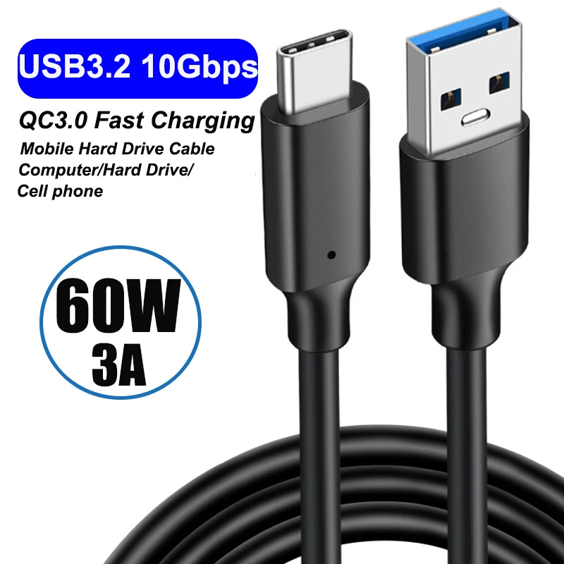 USB3.2 10Gbps Cable USB Type A to USB C 3.2 Gen2 Cable Data Transfer USB C SSD Hard Disk Cable 3A 60W QC 3.0 Fast Charging