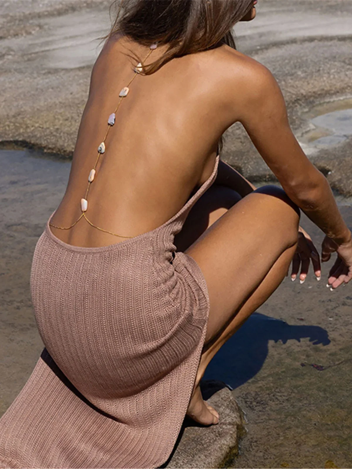 Halter Backless High Split Crochet Knitted Tunic Beach Cover Up Cover-ups Beach Dress Beach Wear Beachwear Female Women K5647