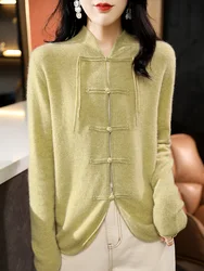 2024 Autumn Winter Women 100% Pure Merino Wool Cardigan Long Sleeve Chinese Style Cashmere Sweater Solid Korean Tops Clothing