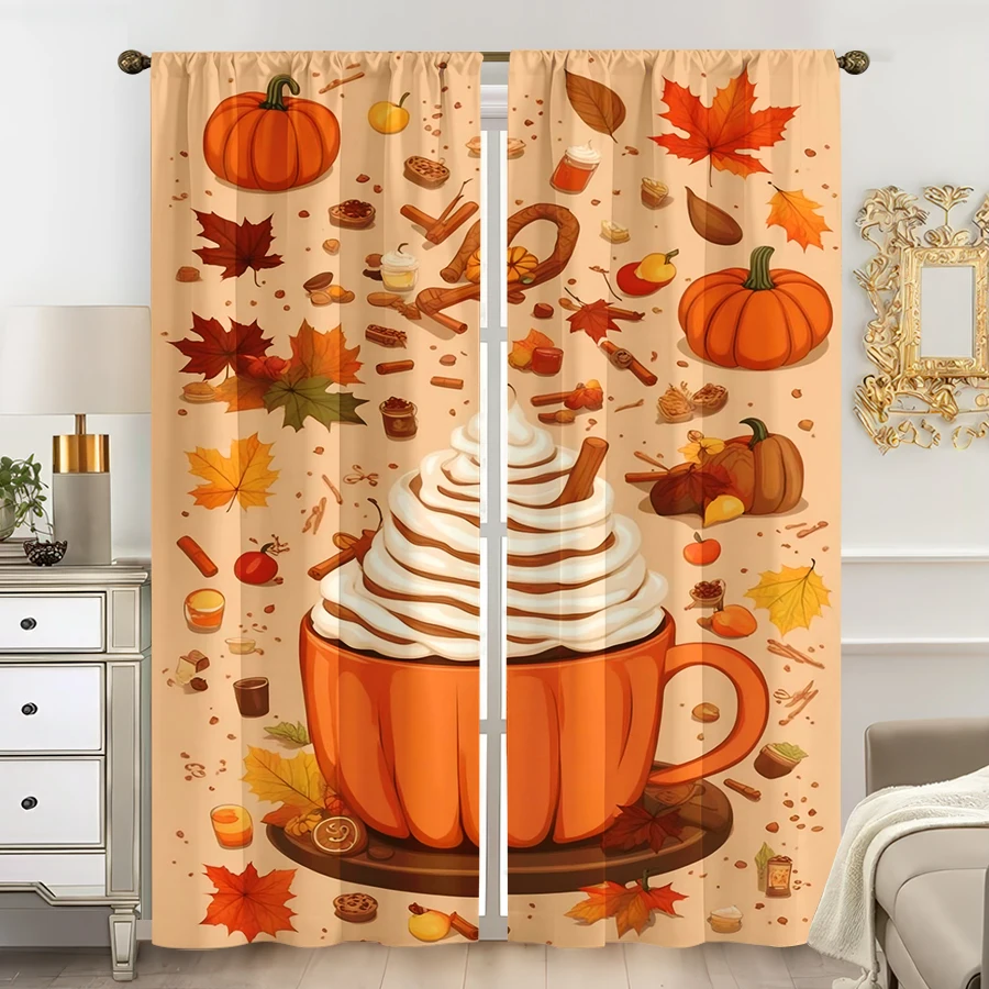 2PCS Digital Print Curtain, Pumpkin Latte Maple Leaf Cookie Cinnamon, Fall Thanksgiving Coffee for Bedroom Living Room
