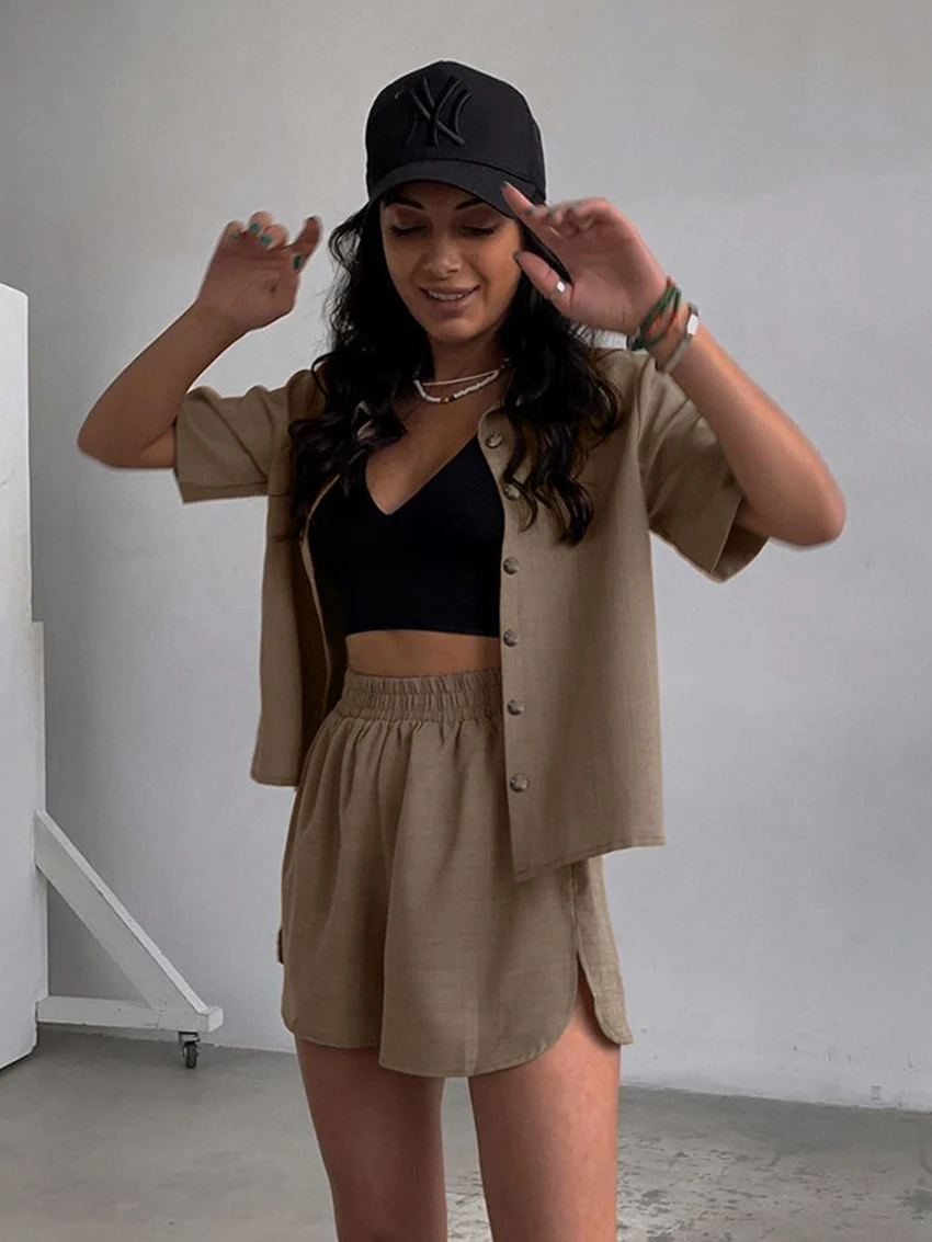 Marthaqiqi Summer Femme Home Clothes Short Sleeve Sleepwear Turn-Down Collar Nightgowns High Waist Shorts Nightie 2 Piece Set