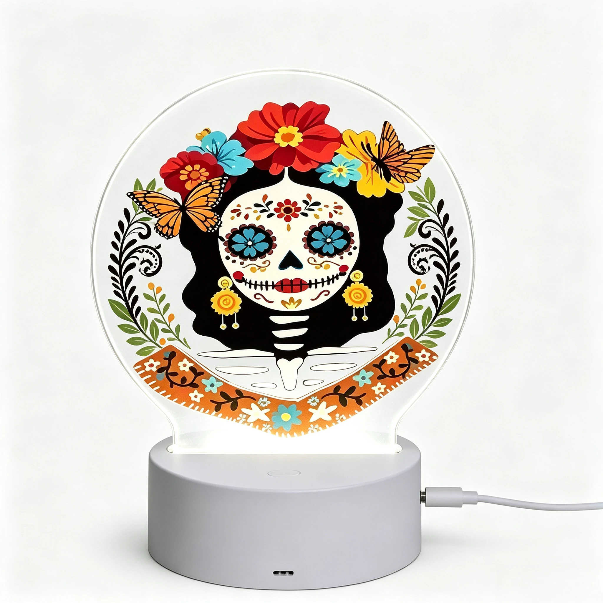 Colorful Flower Butterfly Sugar‑Skull Acrylic LED Light, Day‑of‑the‑Dead Home Ornament,Halloween Cultural Decor Gift