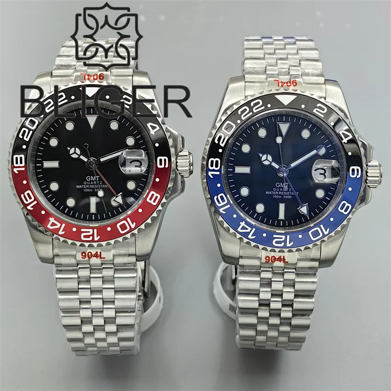 BLIGER 40mm GMT Men's Watch Ceramic Bezel Sapphire Glass Luminous Dial 10Bar Waterproof Sapphire Glass Stainless Steel Glideclas