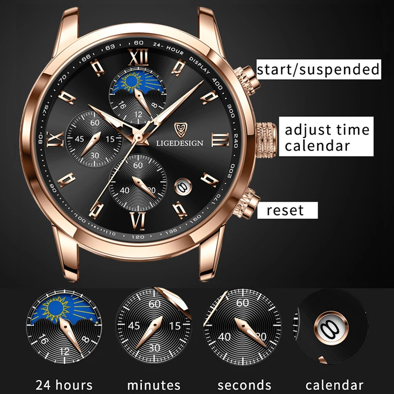 LIGE Top Brand Quartz Watch For Men Causal Style Waterproof Watches Leather Strap Wristwatch Luminous Chronograph Reloj Hombre