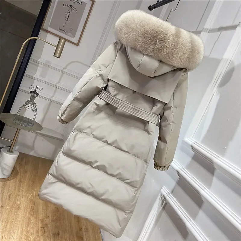 Women's 2024 Winter Fleece Collar White Duck Down Jacket for Mid Length Solid Color Waist Hooded Thick Warm Coat F329