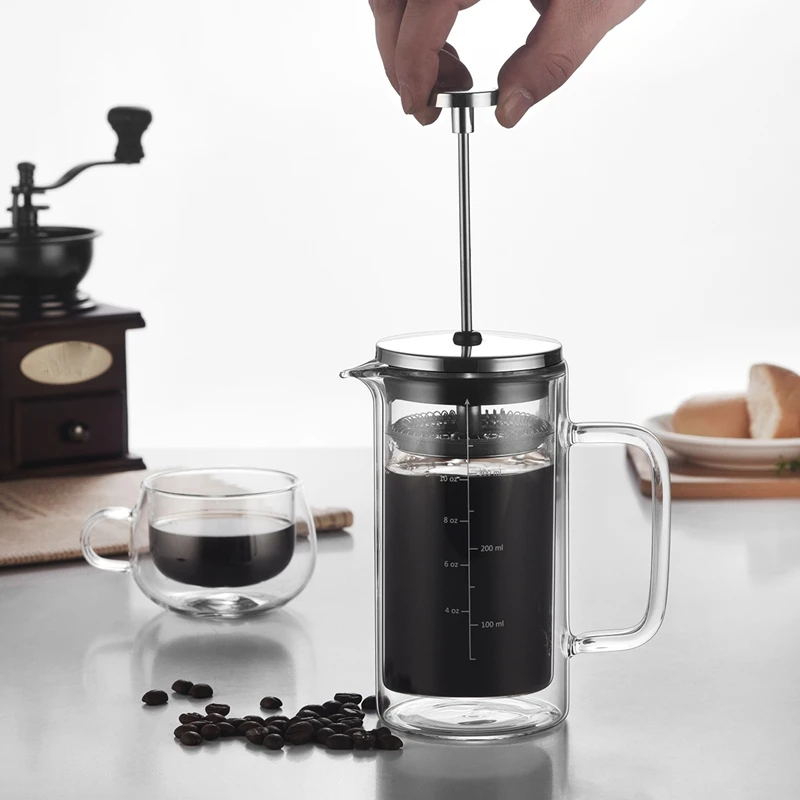 Cafetière à Pression en Verre Borosilicate à Double Couche, Filtre, Appareil à Café Français avec Échelle