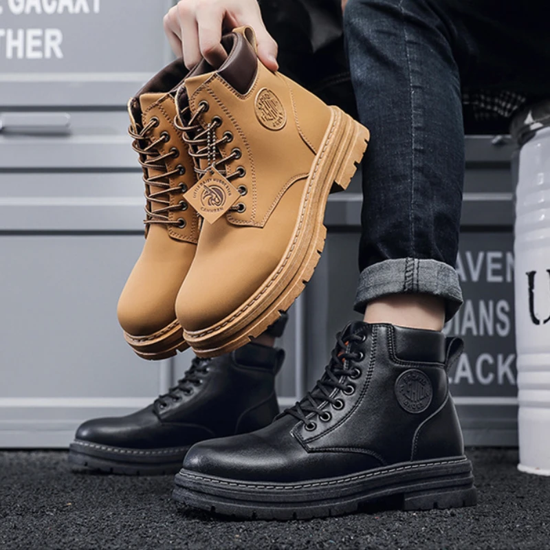 

Rhubarb Boots Mens Fashion Motorcycle Winter Ankle Boots Versatile Tooling Shoes Waterproof Non-Slip Large-Size Short Boot 39-48