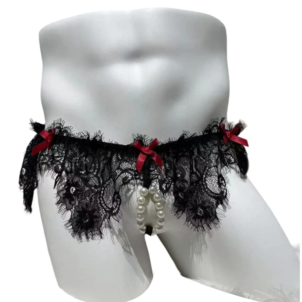 

Men Pearl Pouch Unisex Panties Lace Edge Sissy G-string Underwear For Man Hollow Exotic Sexy Lingerie Japanese Thongs Underpants