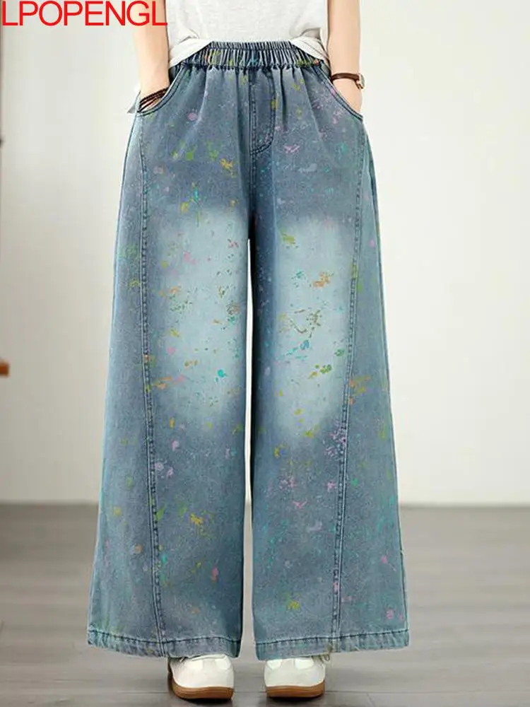 

Vintage Female Denim Wide Leg Pants Embroidered Loose Casual Versatile Fashion Spring And Summer Elastic Waist Straight Jeans