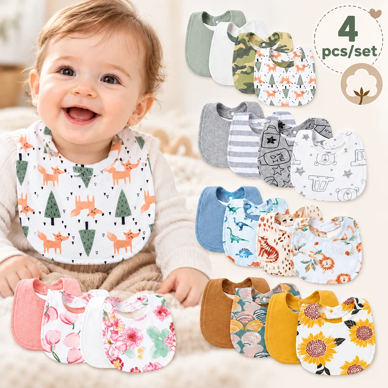 4Pcs/lot Infant Saliva Towel Cute Printed Baby Girls Bibs Double Layer Cotton Saliva Pocket Boys Absorbent Newborn Burp Cloths