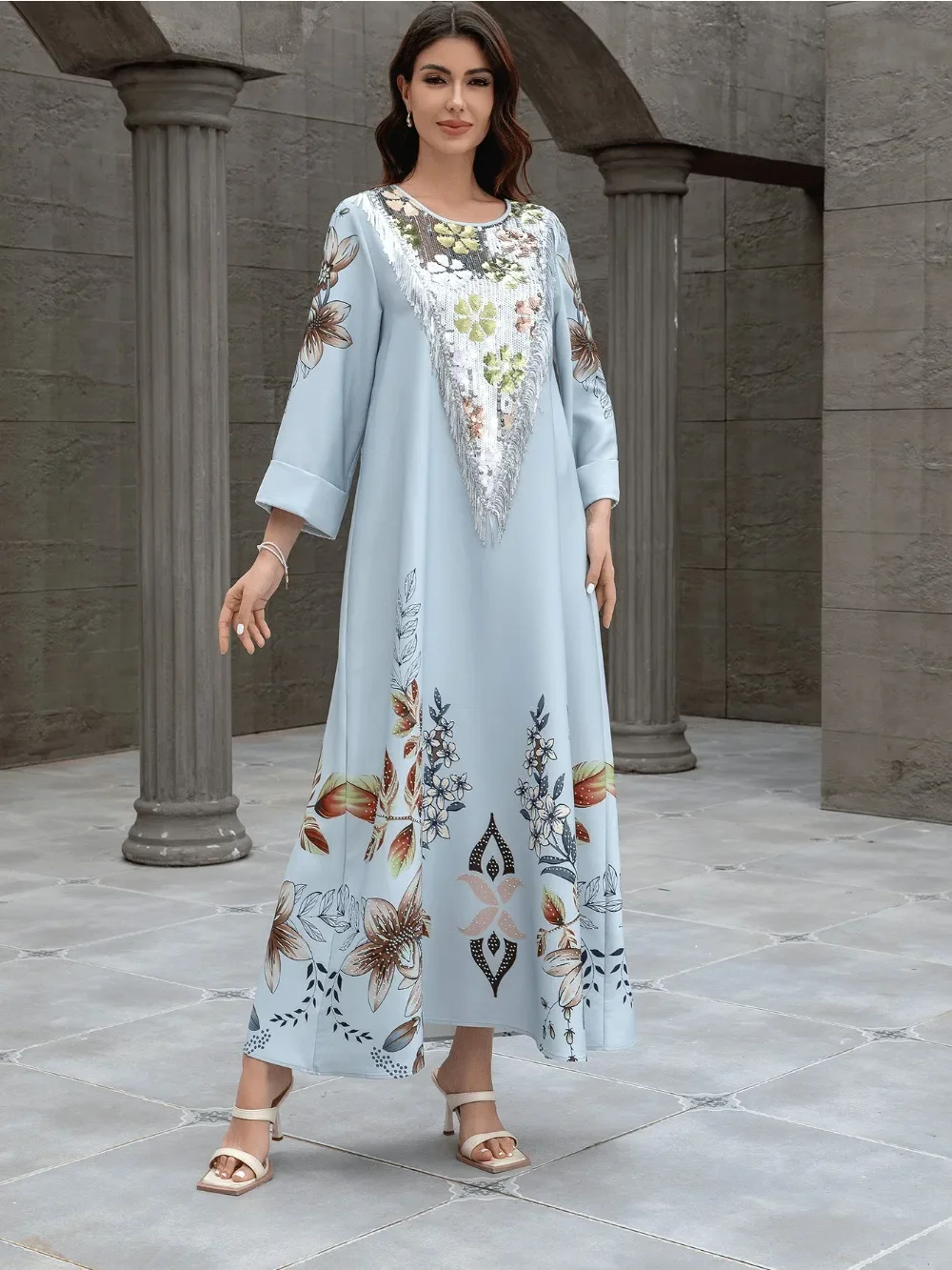 Ramadan eid muçulmano maxi abaya para mulheres vestidos de festa lantejoulas borla impressão robe marrocos dubai abayas jalabiya kaftan vestidos